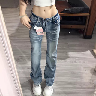 Americano Retro vinco fosco branco reto Jeans feminino outono inverno quente meninas cintura baixa estiramento magro-aju
