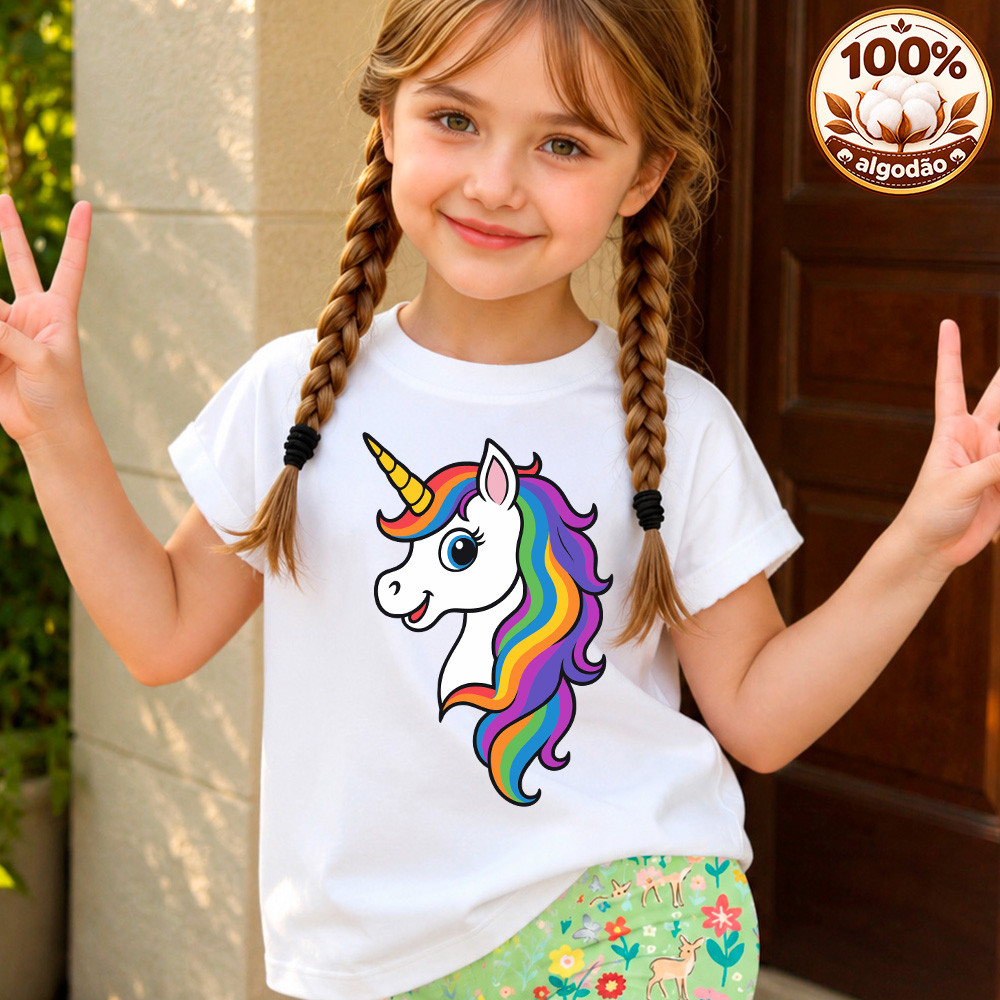 Camiseta Infantil Feminina Unicórnio 100% Algodão Manga Curta Estampa Divertida - Diversas Cores e Tamanhos