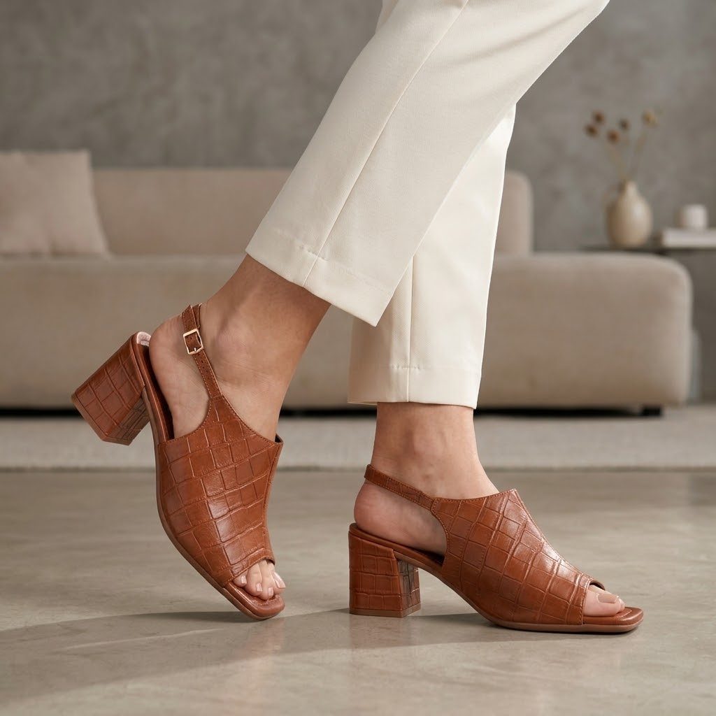 Sandália Feminina Adulta Tamanco Croco Macia Confortável Salto 7CM Leve Ajustável Casual Promoção