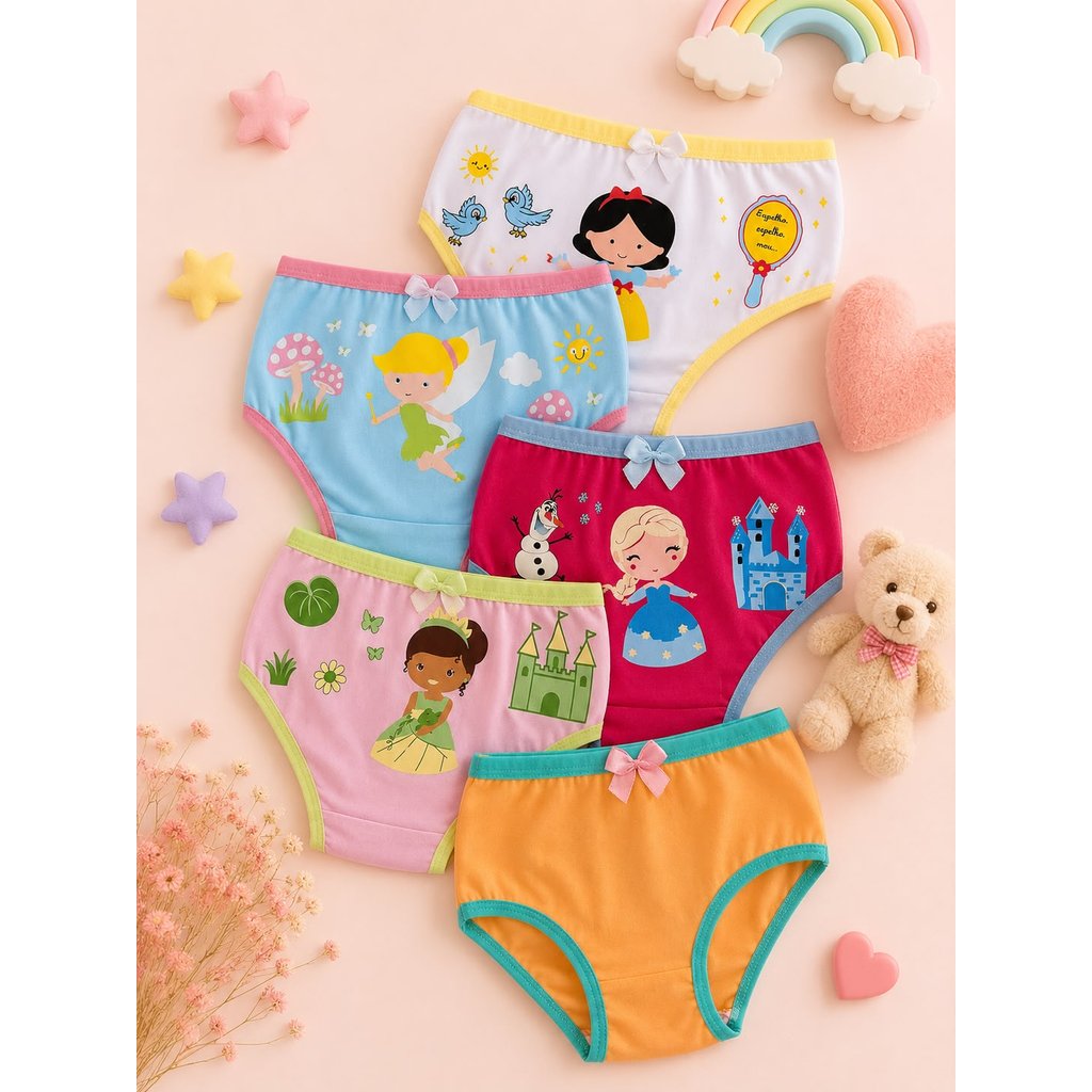 Kit 5 Calcinhas Infantil De Algodão Ultra Confortável Toque Suave e Lisa Desfralde Menina Verão