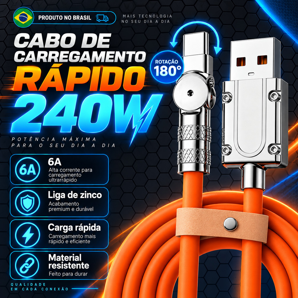 360°Cabo de carregamento rápido giratório tipo C V8 carregador, adequado para iPhone 240W Silicone Samsung Moto