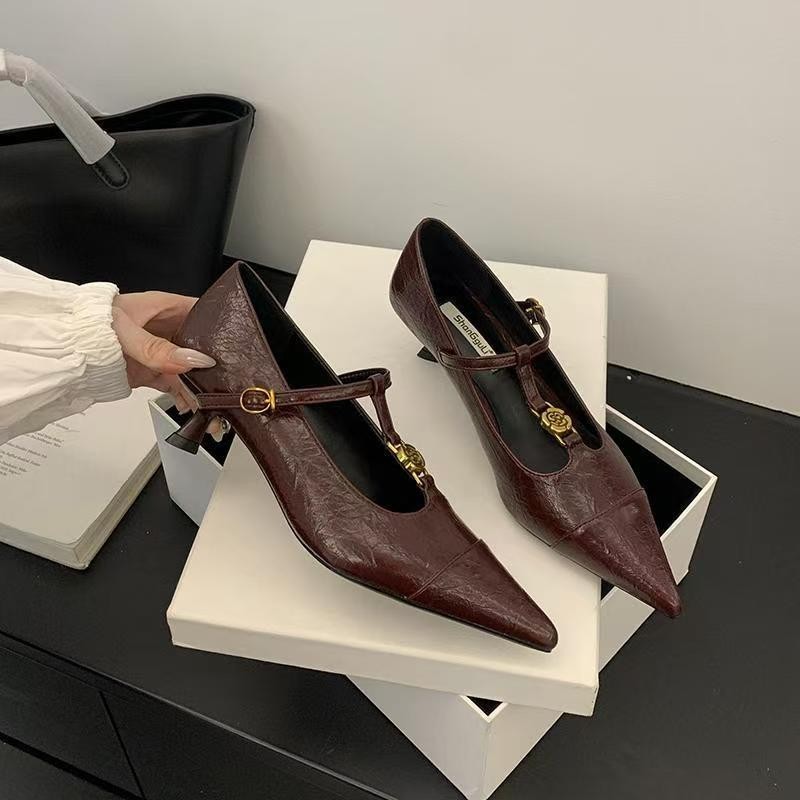 Salto alto high-End apontou Toe sapatos femininos saltos Stiletto 2025 estilo francês camélia boca rasa noite Mary Jane 