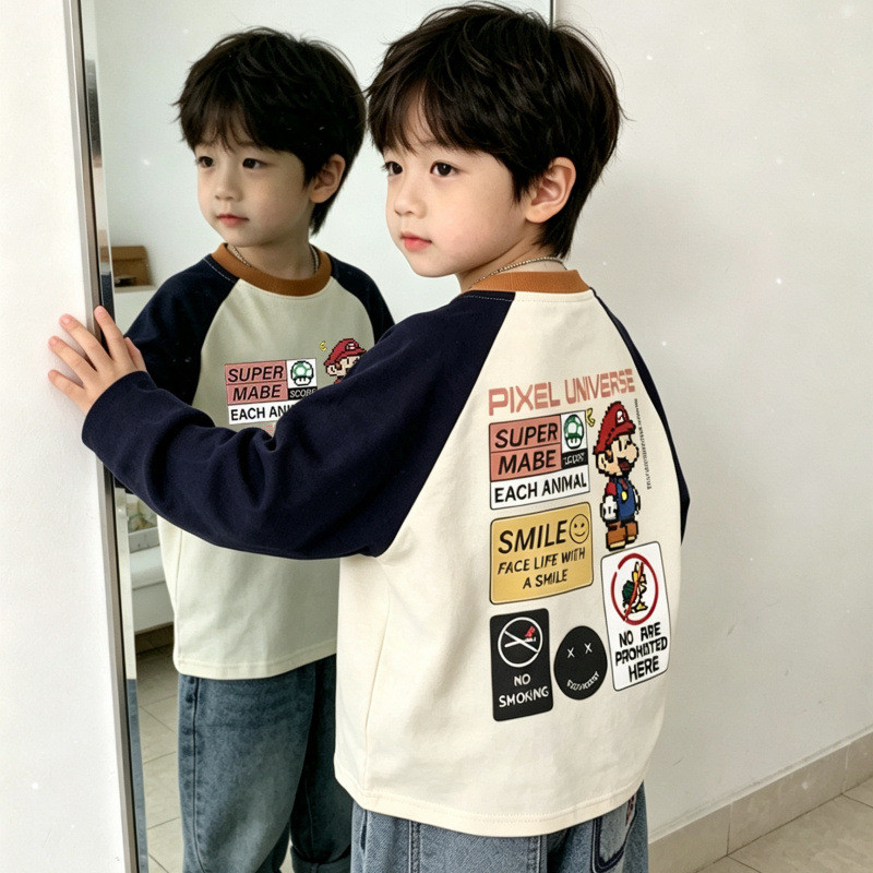 Meninos camiseta de manga comprida primavera outono moda versão coreana dos desenhos animados Mary impressão Raglan ombr