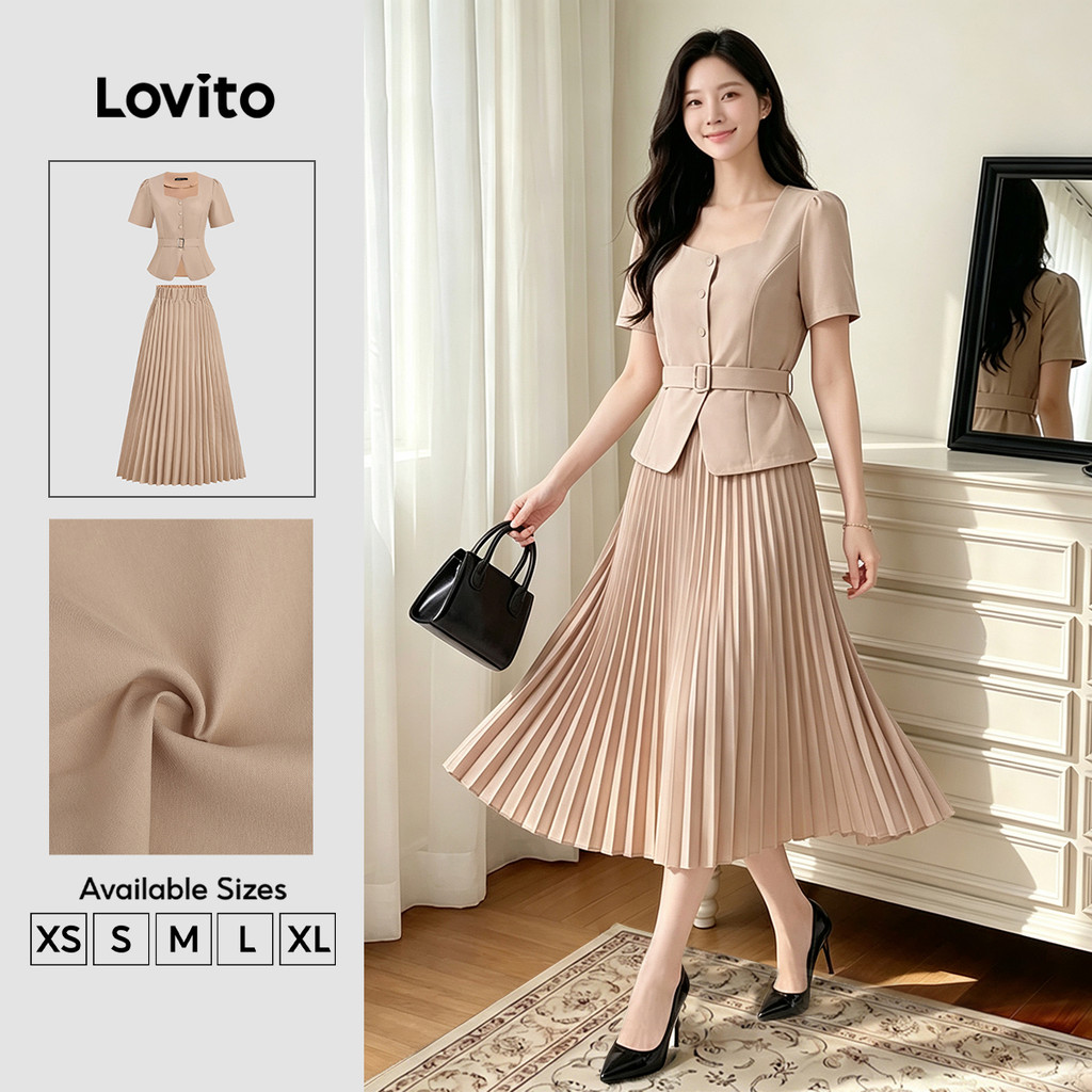 Lovito Elegante Tops ou Bottoms com Cinto e Pregas Botão Primavera/verão Top Cáqui feminino KSB199P2D406