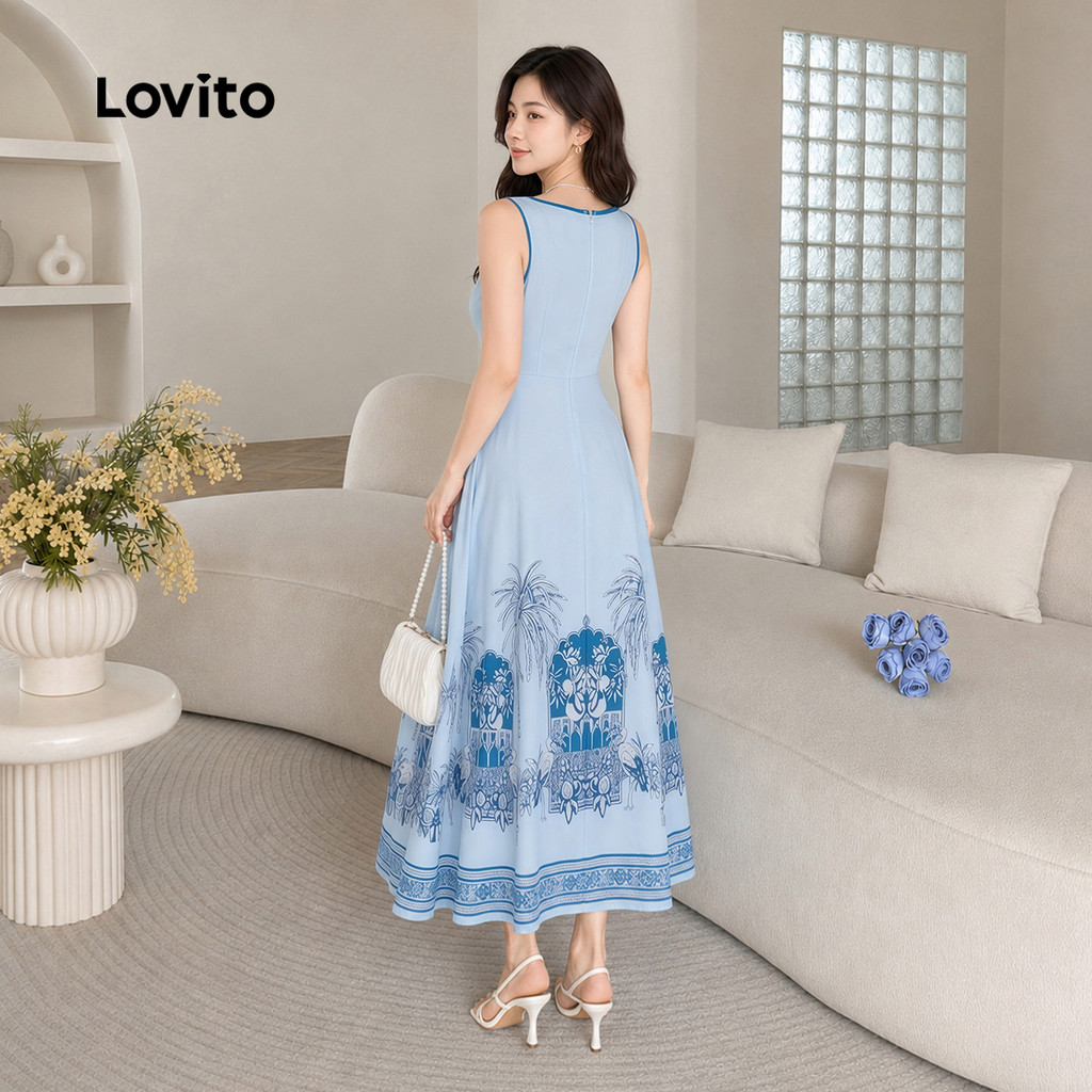 (New Arrival) Lovito Vestido Feminino Azul Claro Longo E Rodado Estampa Tribal Nacional botões Frontais Para Trabalho DRB205P2D707 — imagem 2 de 2