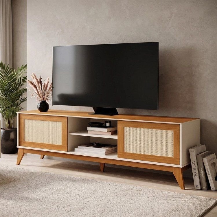Rack para TV até 75 Polegadas 100% MDF 180cm Portas em Tela Rattan Andros Bege Off White/Cedro Off White/Cedro