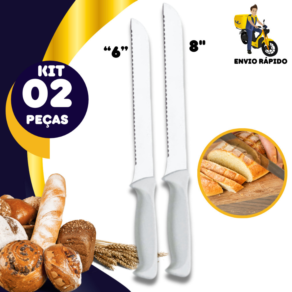 Kit 2 Faca de Pão 6'' e 8" Para Bolos Tortas Cucas Serra Serrilhada Lâmina Aço Inox Cabo Plástico Branco