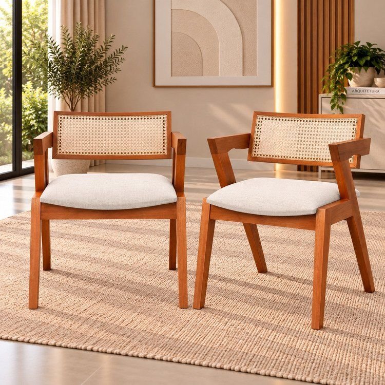 Kit 2 Cadeiras Madeira Maciça, Rattan de Fibra Natural e Estofada Verona Espresso Móveis Champagne/Off White