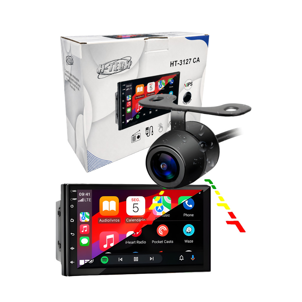 Kit Multimídia Mp5 2d 7 Pol Carplay/Android Auto Sem Cabo + Camera De Ré Borboleta Ângulo 120° À Prova D’água - H-Tech