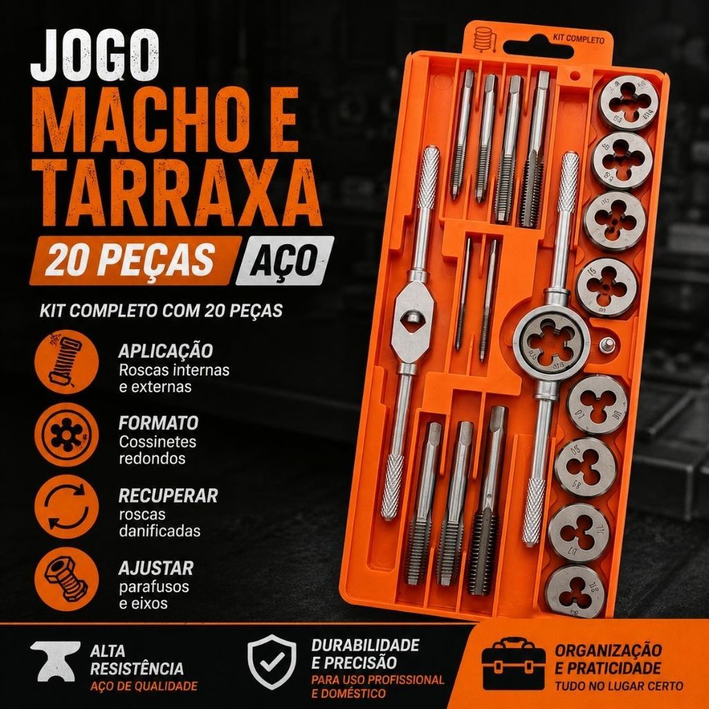 JOGO MACHO E TARRAXA 20 PEÇAS AÇO ROSCA PARAFUSO COSSINETE KIT PROFISSIONAL