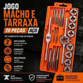 JOGO MACHO E TARRAXA 20 PEÇAS AÇO ROSCA PARAFUSO COSSINETE KIT PROFISSIONAL