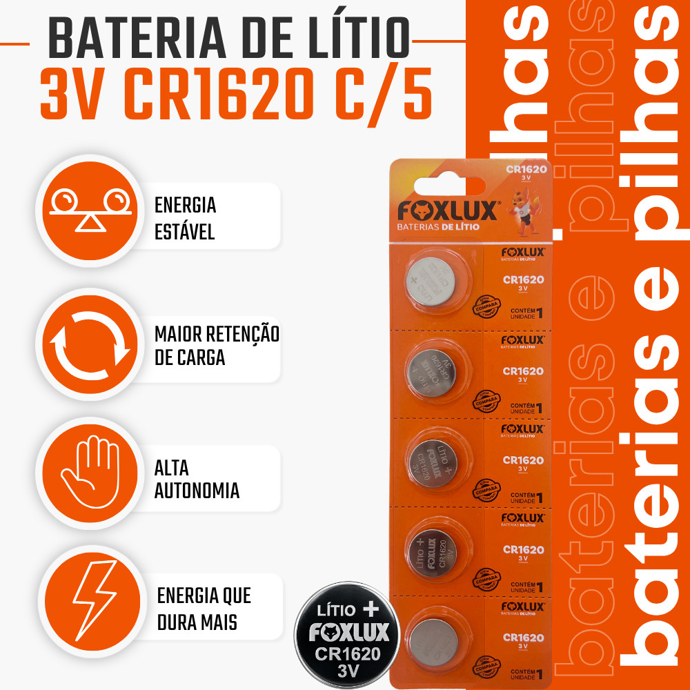 Pilha Bateria Moeda 3V CR1620 Foxlux Lítio Kit com 5