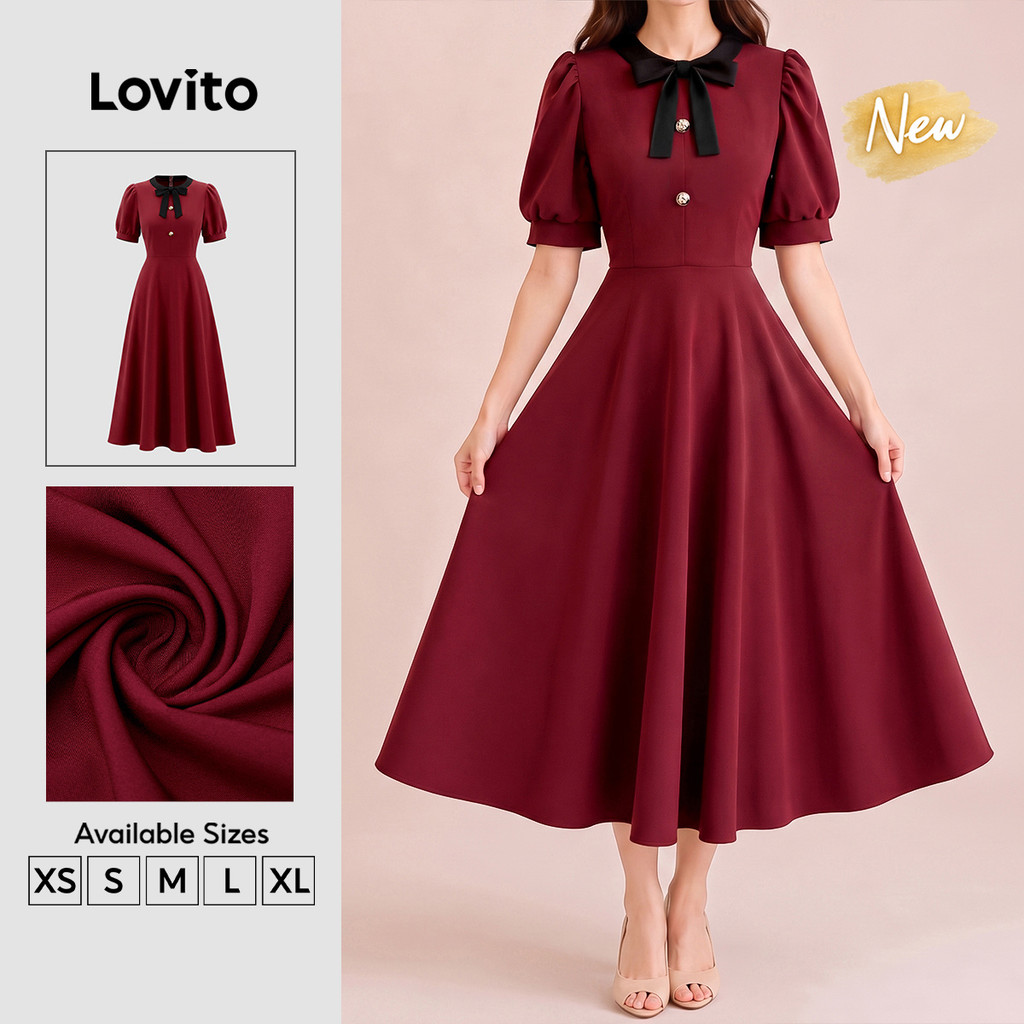 (New Arrival) Lovito Vestido Feminino Vinho Longo evasê Drapeado laço Frontal Contrastante primavera/verão Trabalho/cny DRB204P1D285