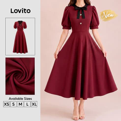 (New Arrival) Lovito Vestido Feminino Vinho Longo evasê Drapeado laço Frontal Contrastante primavera/verão Trabalho/cny DRB204P1D285