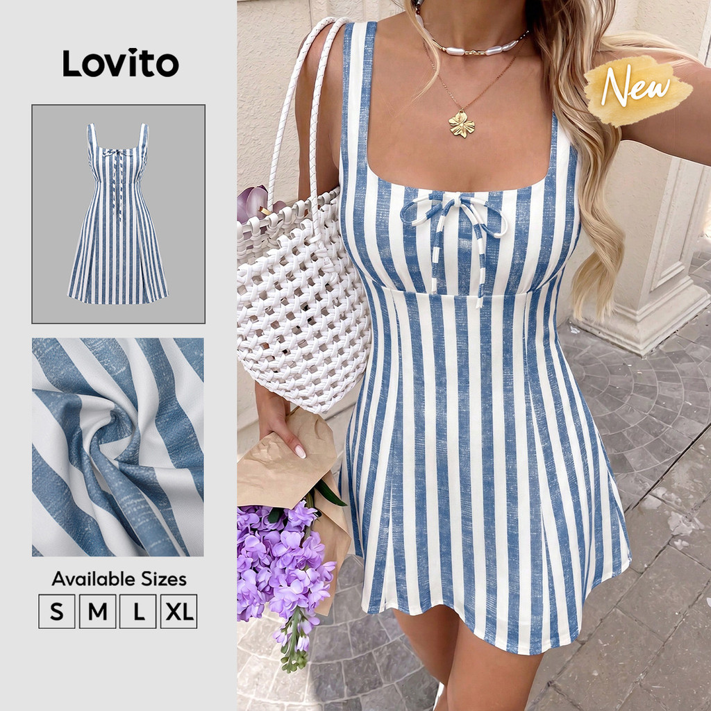 (New Arrival) Lovito Vestido Azul Feminino Elegante Listrado Curto evasê Com amarração E zíper Casual De primavera/verão DRB39BR005