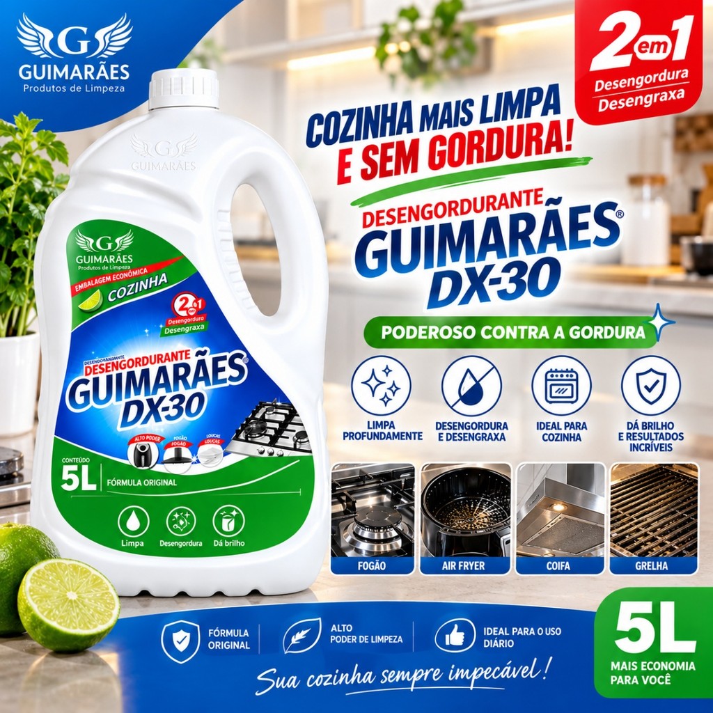 Desengordurante Guimarães DX-30 5L 2 em 1 Cozinha Limpa Gordura Coifa Air Fryer Fogão e Grelha