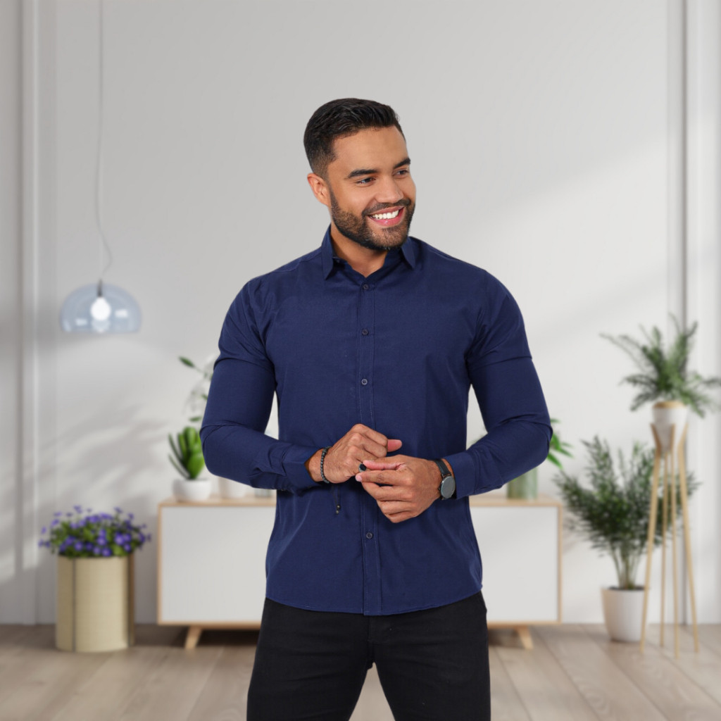 Camisa social manga longa masculina slim fit não amassa lisa sem bolso