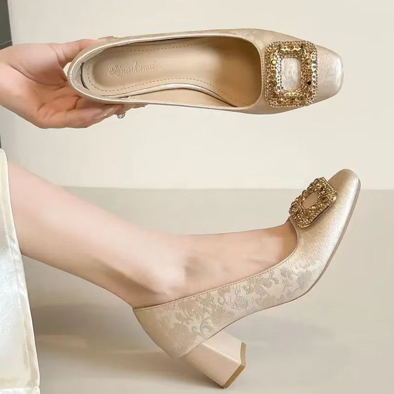 Dedo do pé quadrado sapatos de salto grosso feminino strass fivela quadrada salto médio sola macia confortável