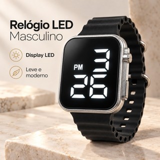 Relógio Digital Masculino LED Preto Esportivo com Pulseira Ajustável Visor Retangular