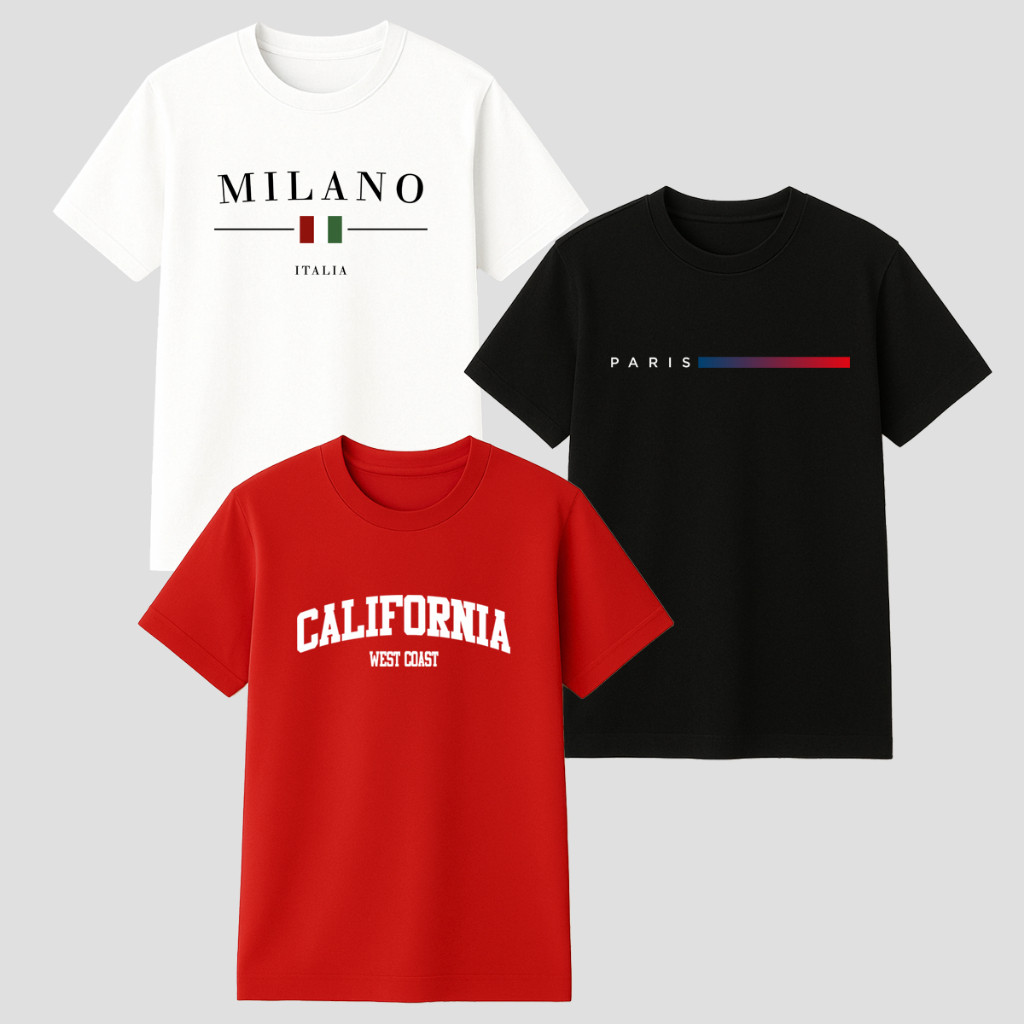 Kit 3 Camisetas Masculinas Estampadas California Milano Paris Camisas Femininas De Algodão Dia Dia