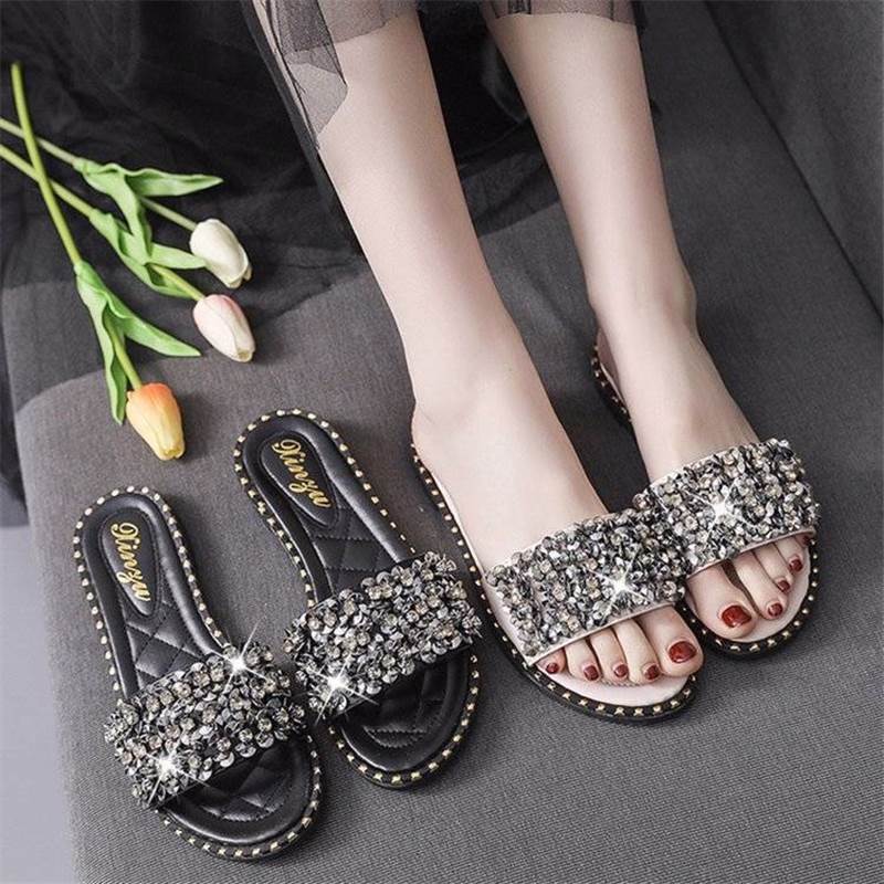 2026 verão novo estilo sandálias planas chinelos sapatos femininos strass Flip-Flops feminino estudante sandálias 41 tam