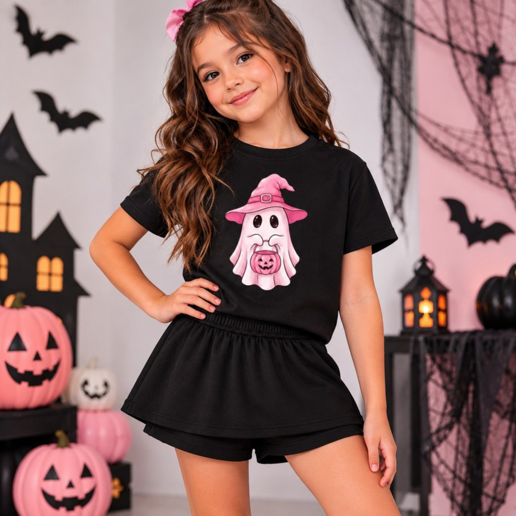 Roupa Infantil Tema Halloween Menina Conjunto Camiseta Estampada Short Saia Algodão Confortável
