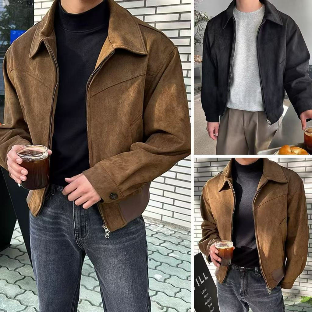 Jaqueta Masculina Solta de Camurça com Zíper, Design Versátil, Jaqueta Monocromática com Gola de Aviador