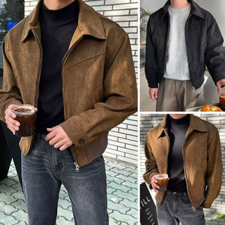 Jaqueta Masculina Solta de Camurça com Zíper, Design Versátil, Jaqueta Monocromática com Gola de Aviador