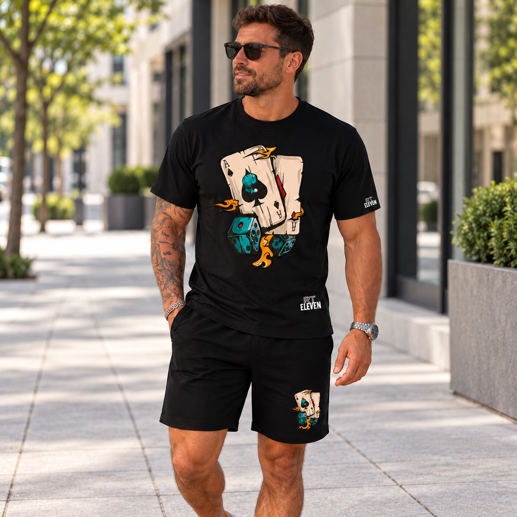 Kit Camiseta Masculina 100% Algodão + Bermuda Moletom Lançamento Estampada Cartas  Confortavel Diversas cores Unissex