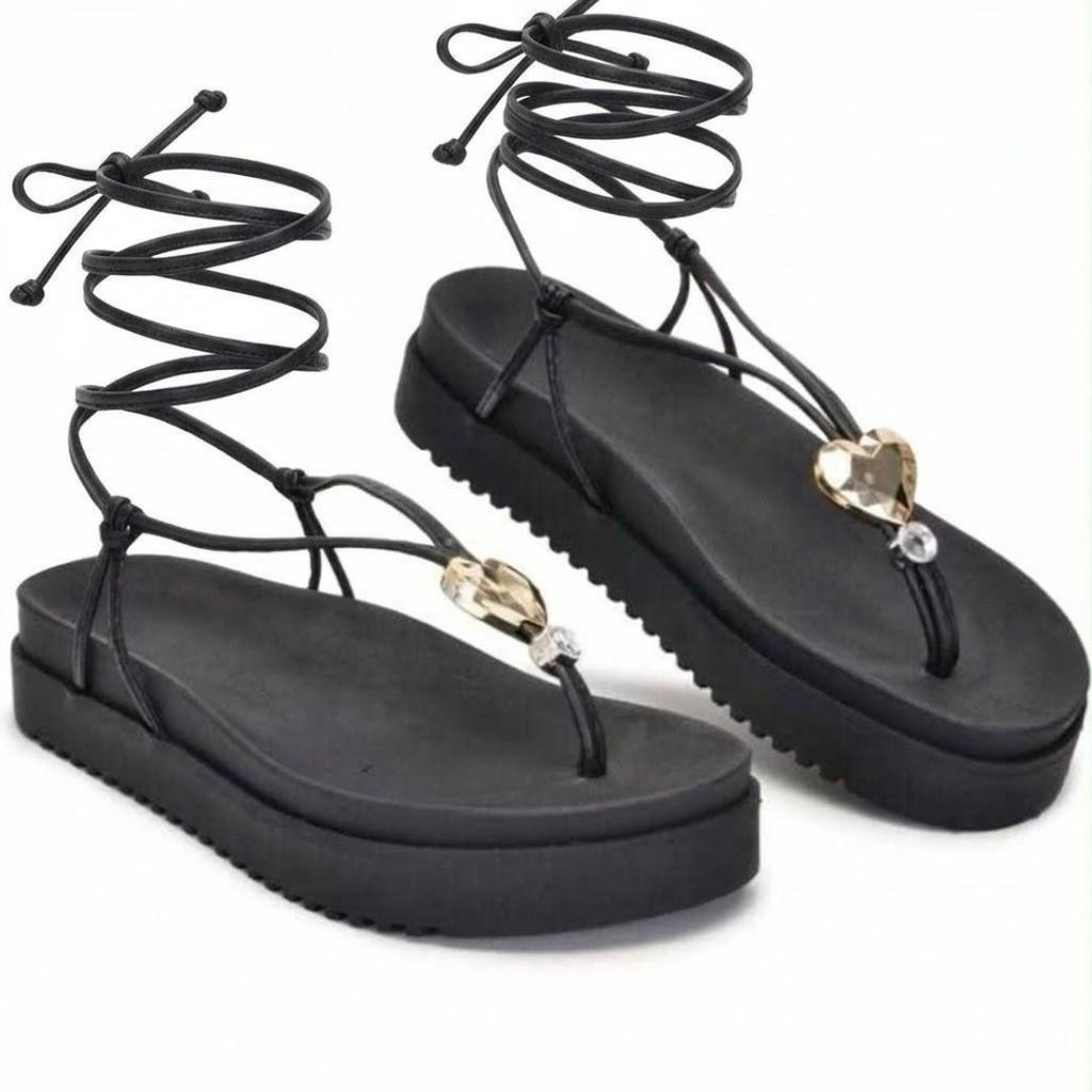 Papete Flatform de Amarrar Feminina com Coração Sandália Casual Confortável e Super Estilosa