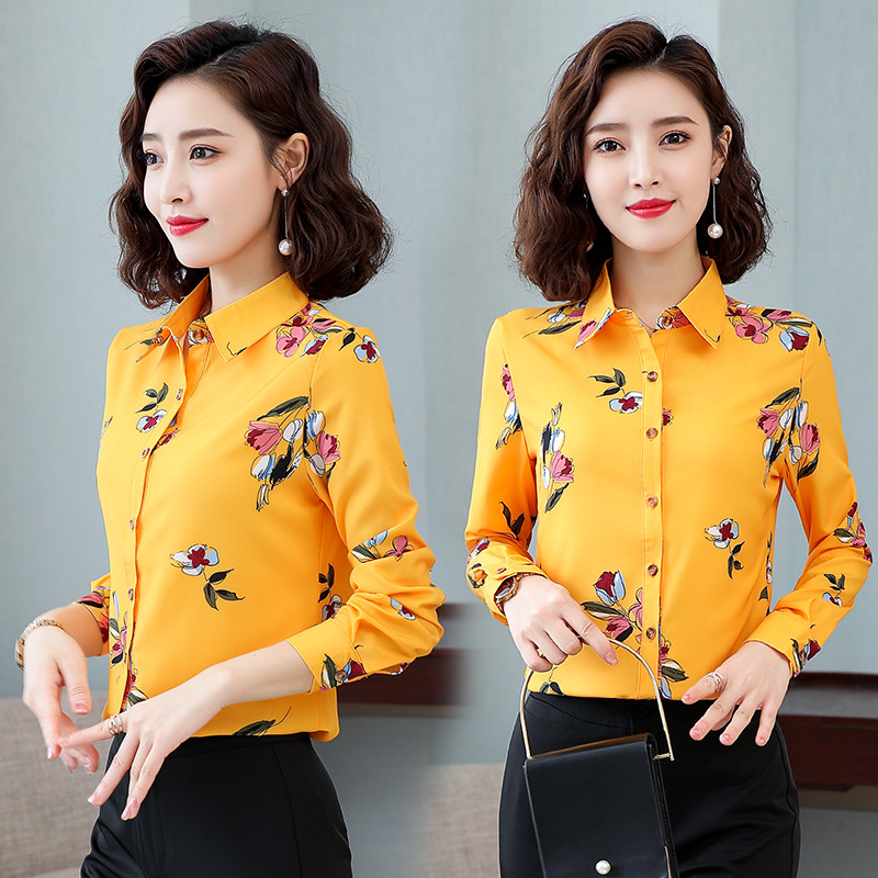 2024 camisa feminina de manga comprida primavera novo estilo versão coreana impresso Chiffon camisa magro-ajuste All-Mat
