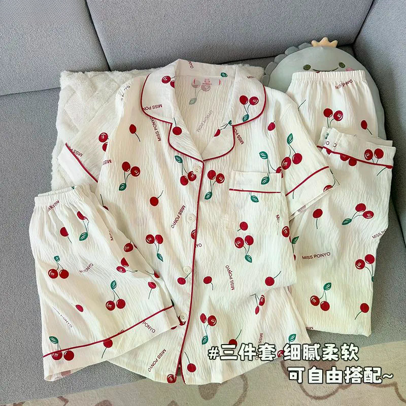 Feminino Doce Manga Curta 3 Peças Terno Cereja Desenho Animado Estampa Pijama Para Casa