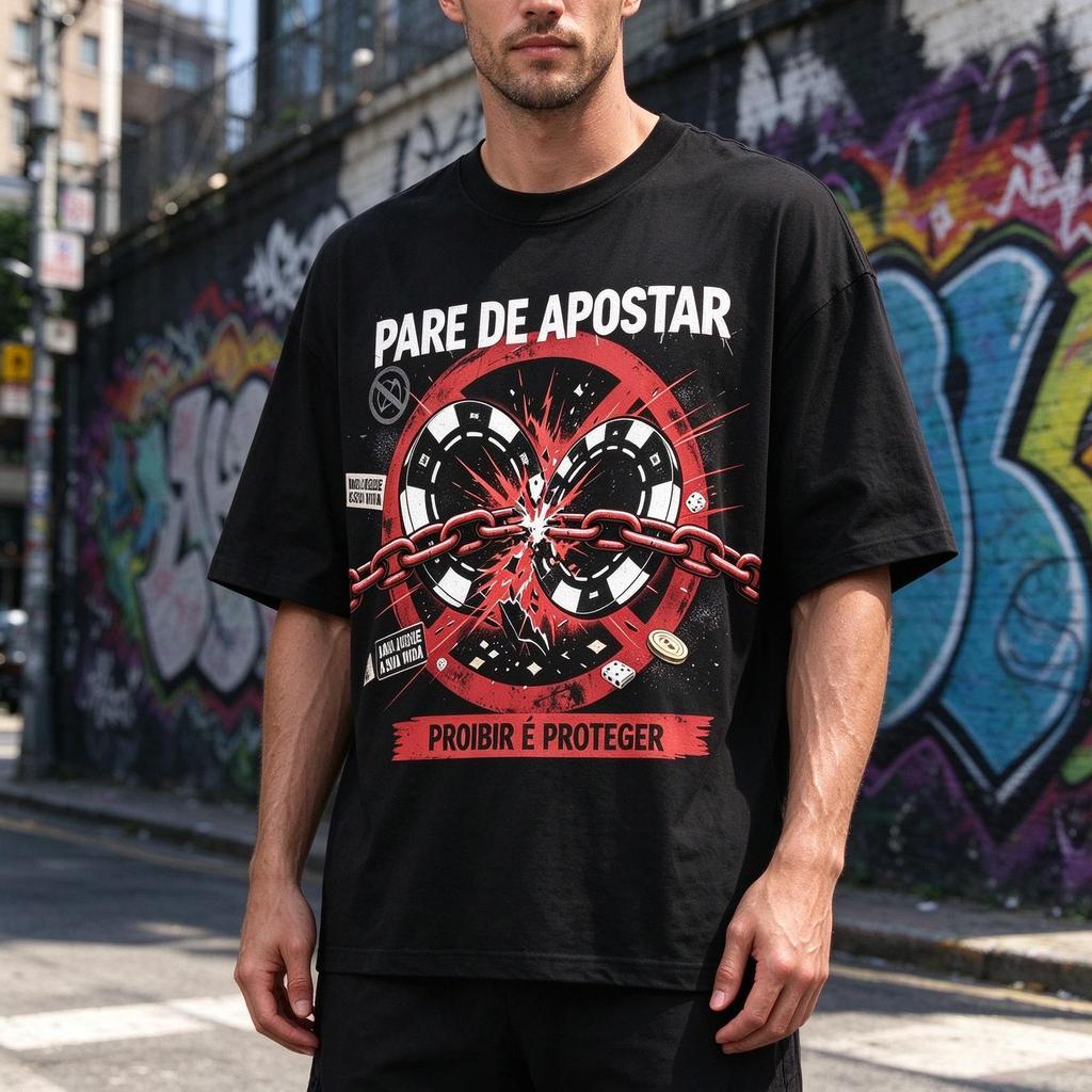Camiseta Oversized Algodão Respirável Estampa Grafite Anti Apostas, Roupa Streetwear Unissex Passeio Urbano