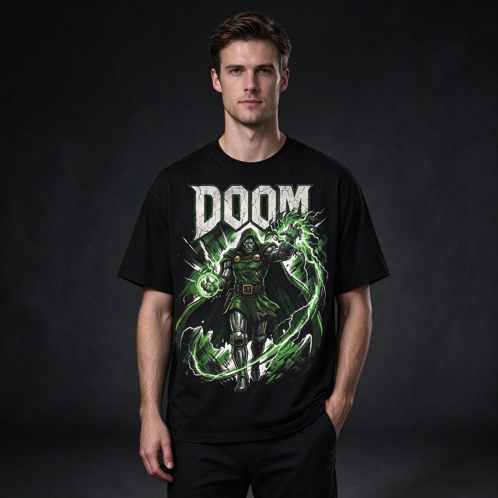 Camiseta Masculina Estampa Personagem Fantasia Raios Verdes Letras Doom Confortável Premium Estilosa Divertida Casual