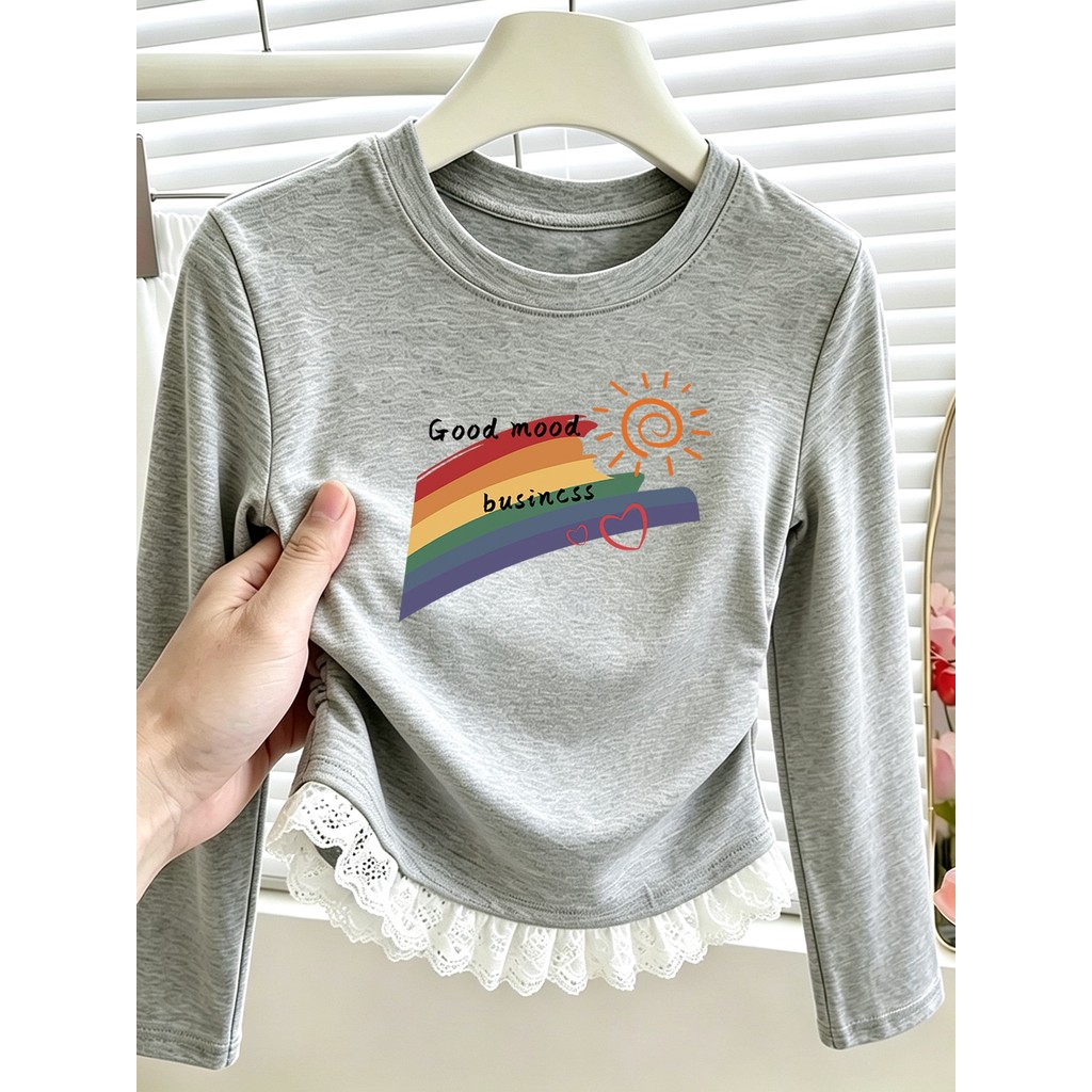 Menina grande versão coreana outono manga comprida camiseta menina moda impressa renda costura topo crianças magro-ajust