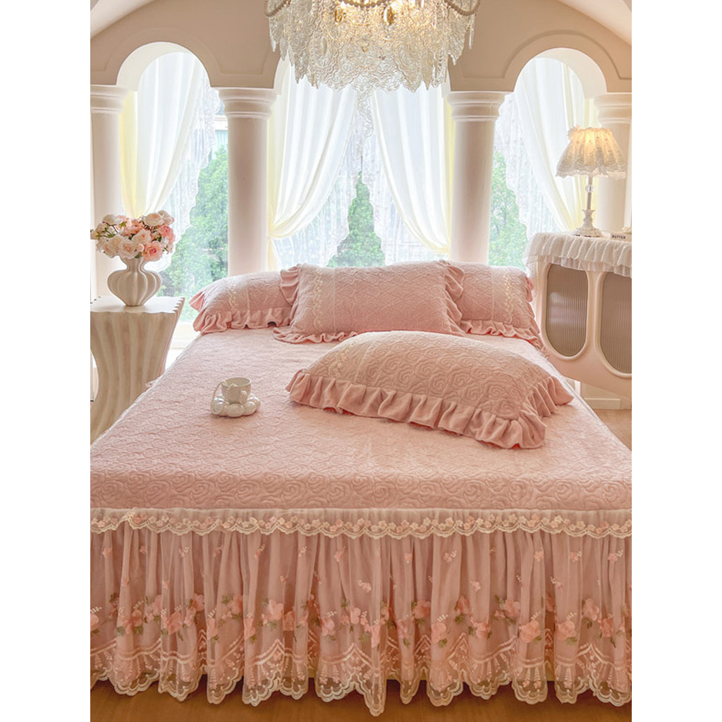 Inverno francês quente leite veludo acolchoado saia de cama estilo princesa rendas avental engrossado colcha conjunto de