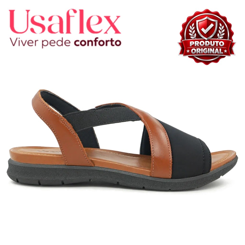 Sandália Usaflex Feminina Ortopédica Original em Couro Plataforma Bicolor Preto e Marrom AA3008 Bico Redondo Confortável