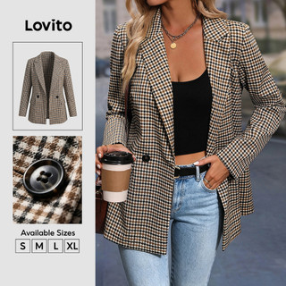 Lovito Blazer Feminino Xadrez Elegante De Manga Longa Com Lapela E Botões Para Trabalho Fim De Semana Caqui BZK9BR178