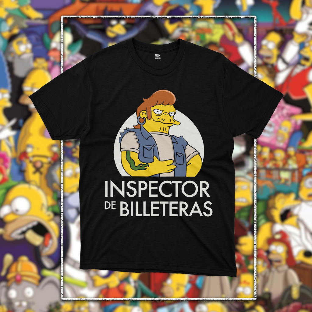 Camiseta Masculina Preta Estampa Personagem Simpsons Inspector De Billeteras Confortável Divertida Estilosa Casual