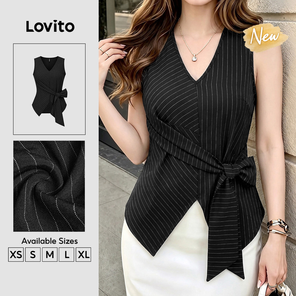 Lovito Blusa Feminina Elegante Preta Sem Mangas Gola V Amarração e Listras Primavera Verão Traje de Trabalho TKK10P1D596
