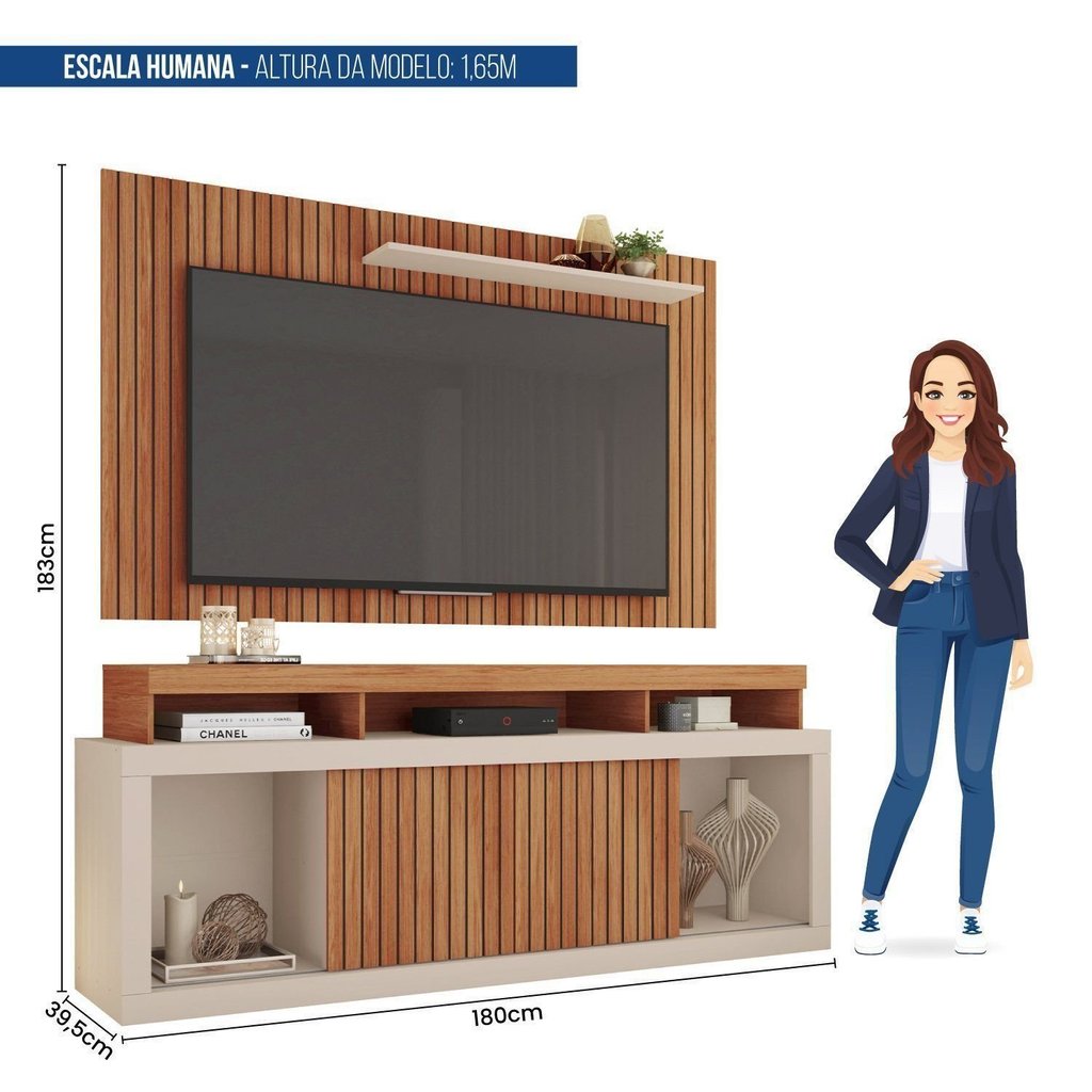 Rack com Painel Ripado para TV até 65 Polegadas MDF 180CMX174CM Esmeralda Marrom Freijó/Off White · foto 2