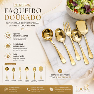 Conjunto Premium de 6 Talheres Para  Servir Em Aço Inox Dourado