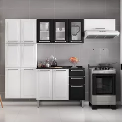 Cozinha Compacta Modulada em Aço 4 Peças 13 Portas 2 Gavetas Paneleiro Duplo em Aço Luce Itatiaia Preto/Branco