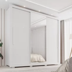 Guarda-Roupa Casal 3 Portas com Espelho Central 4 Gavetas com Pés Costa Rica Branco Branco