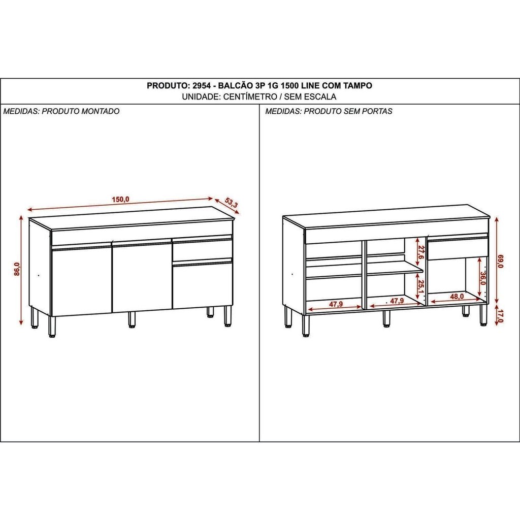 Balcão 3 Portas 1 Gaveta 150cm com Tampo Line Branco/Supremo Supremo · foto 2