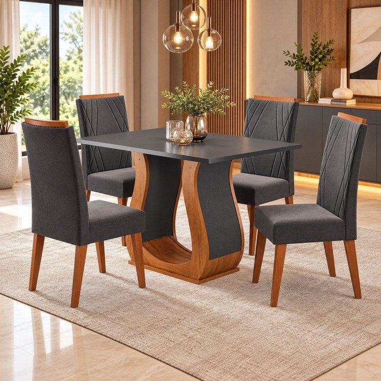 Conjunto de Mesa de Jantar Retangular em Madeira Maciça com 4 Cadeiras Nubia Vegas Yescasa Cinza/Me Mel/Cinza/Grafite