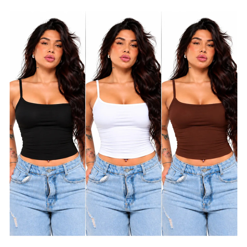 Kit 3 Blusinhas Femininas Regata Alcinha Suplex Básica Justa Moda Feminina Basica