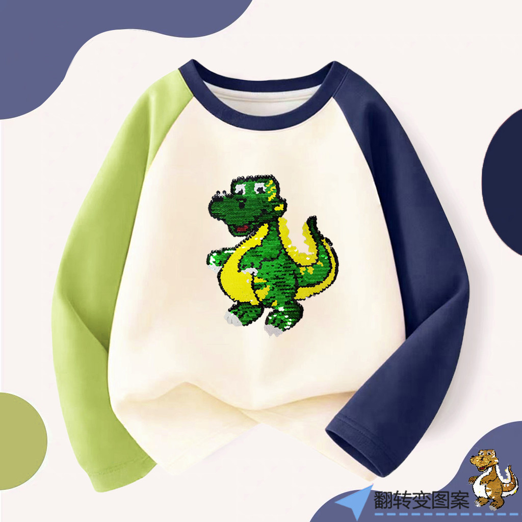 Dinossauro lantejoulas mudança de cor meninos manga comprida camiseta 2026 primavera outono crianças solto topo puro alg