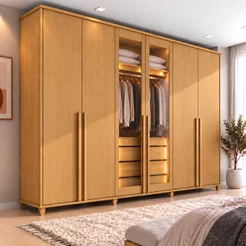 Guarda-Roupa Casal Reflecta 6 Portas 4 Gavetas com LED Cinamomo Bélgica Cinamomo