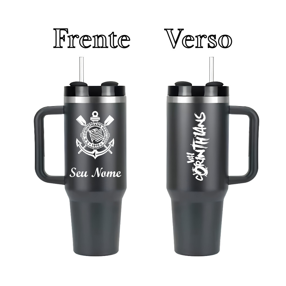 Copo Térmico 1,2l Tampa Canudo Alça  Personalizado com Seu time e Nome Corinthians